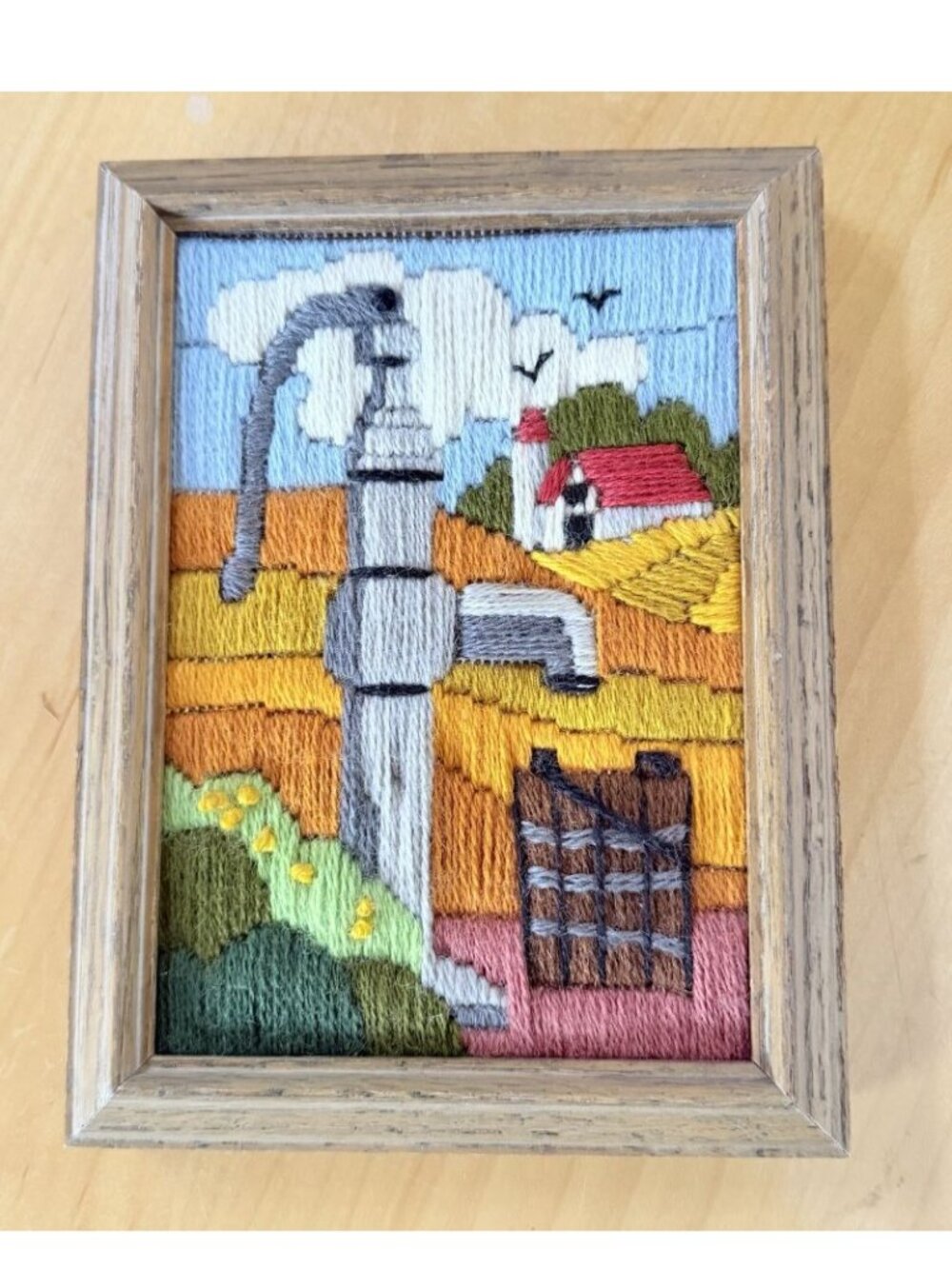 Vintage Crewel Embroidery Framed Finished Farmhouse Water Pump Flowers Cottage